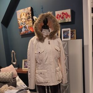 Women's Ralph Lauren Cream Hooded Jacket with Faux Fur Trim